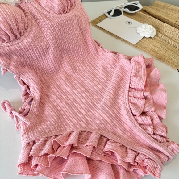 Miu Miu Pink Ruffle One-Piece Swimsuit with Floral Trim - Picture 6 of 10